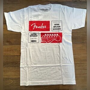 FENDER Electric Instrument White Tee black and red Guitar graphics Unisex